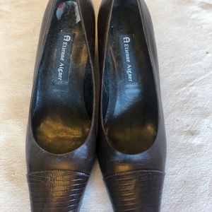 Etienne Aigner leather heels with faux alligator toes, dark brown, 2 1/2" heels,